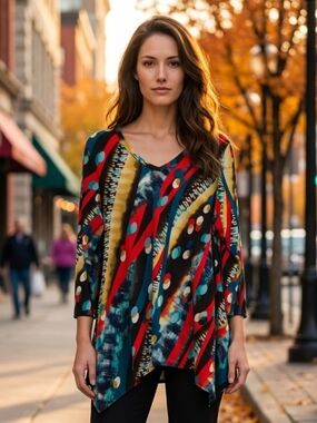 JoStar Top with a Vibrant Abstract Geometric Pattern in Red, Blue, Brown L EUC